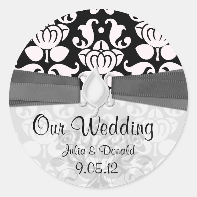 black and white flourish damask wedding classic round sticker (Front)
