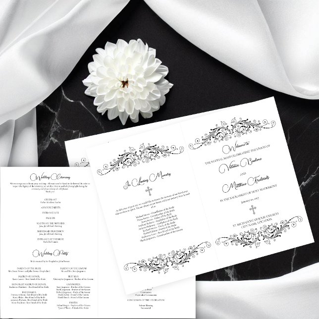 Black and White Flourish Elegance Wedding Program (Black and White Flourish Elegance folded wedding program to give out to your wedding guests.)