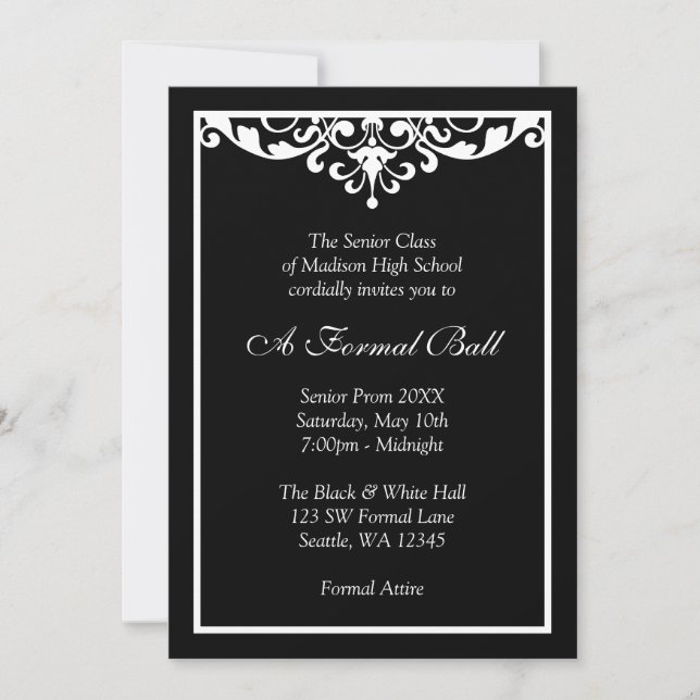 Black and White Flourish Formal Prom Dance Ball Invitation (Front)