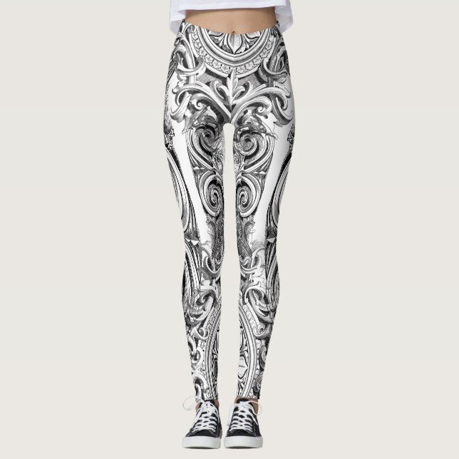 Black and White Flourish Leggings (Front)