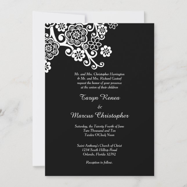 Black and White Flower 5x7 Wedding Invitation (Front)