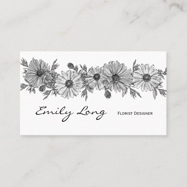 Black and White Flower Arrangement Sketch Design Business Card (Front)