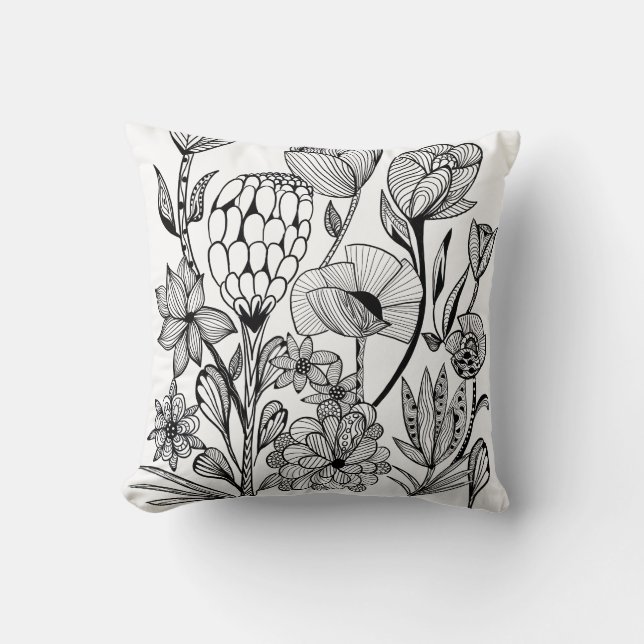 Black and white flower drawing cushion (Front)