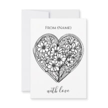 black and white flower heart greeting card 