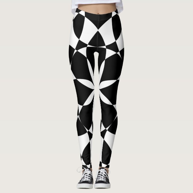 Black and white flower mandala mosaic retro leggings (Front)