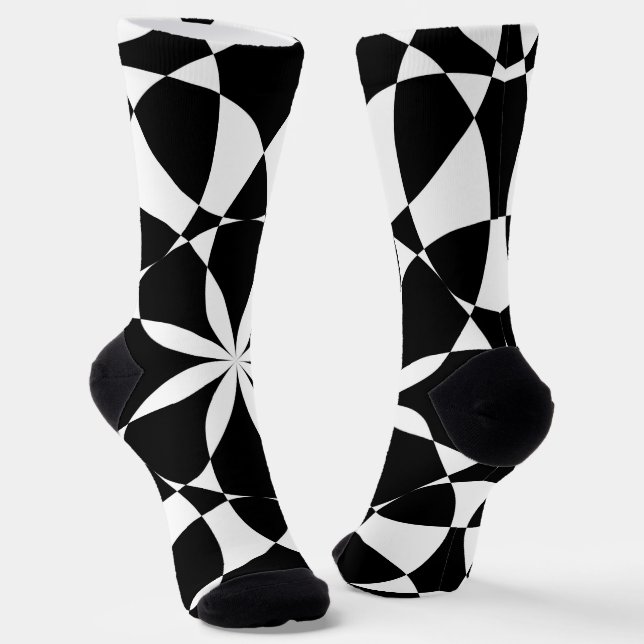 Black and white flower mandala mosaic retro socks (Angled)