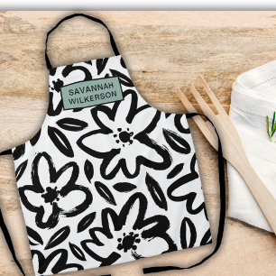 Black and white flower modern name apron