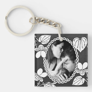Black and White Flower Oval Custom Photo Key Ring