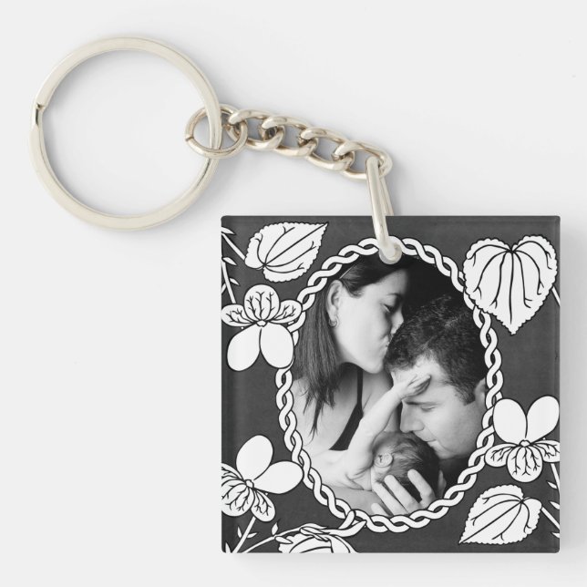 Black and White Flower Oval Custom Photo Key Ring (Front)