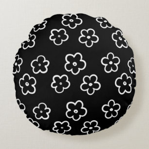 Black and White Flower Pattern Round Cushion
