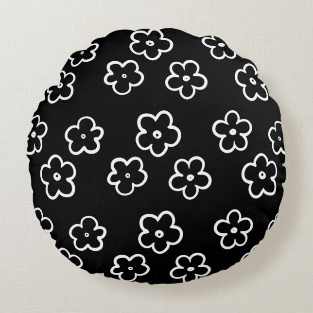 Black and White Flower Pattern Round Cushion (Front)