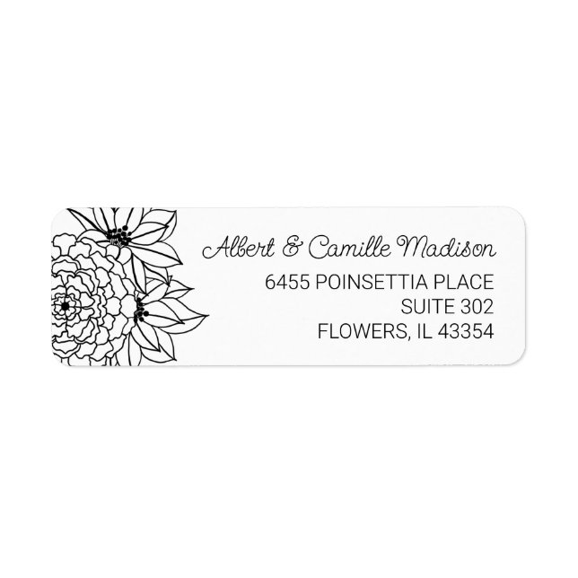 Black and White Flower Return Address Label (Front)