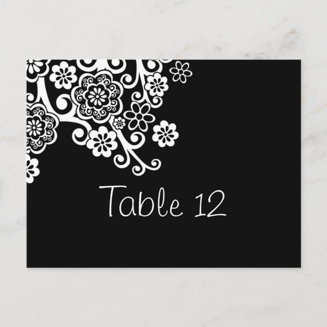 Black and White Flower Wedding Table Number Card (Front)