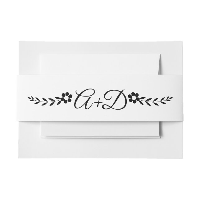 Black and white flowers and initials wedding invitation belly band (Front Example)