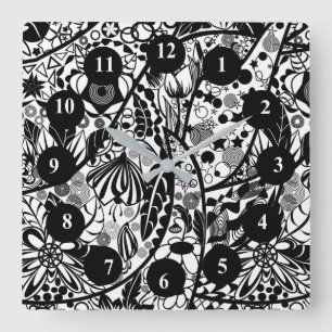 Black and White Flowers and Leaves - Drawing Art Square Wall Clock