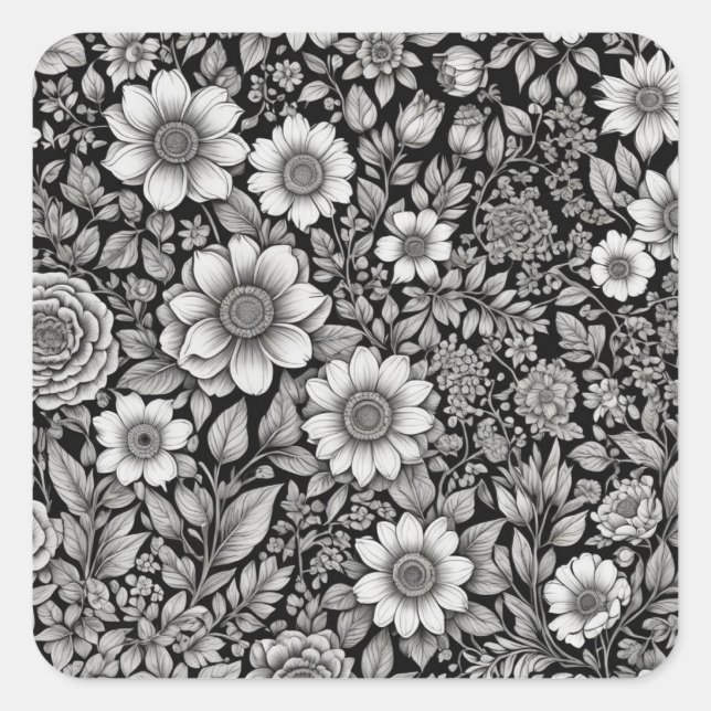 Black and white flowers and leaves square sticker (Front)