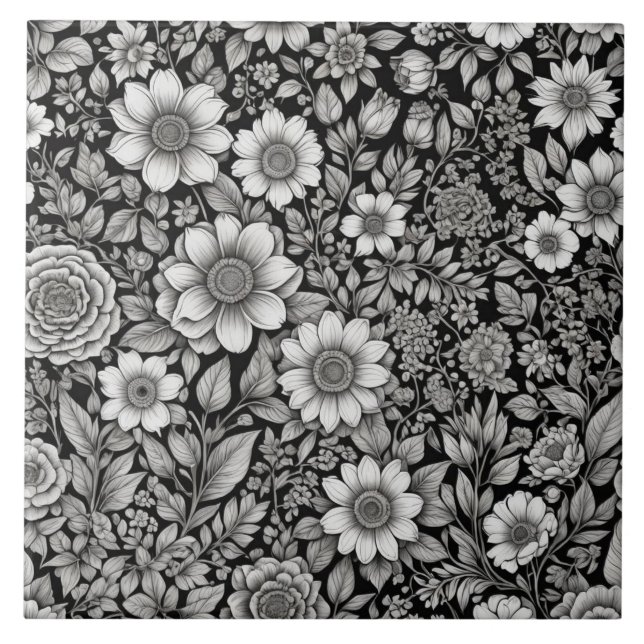 Black and white flowers and leaves tile (Front)