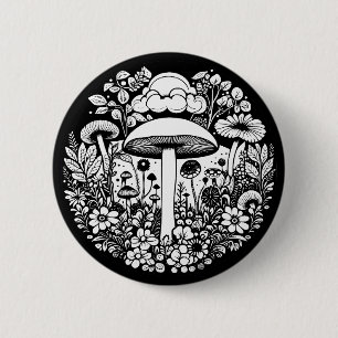 Black and White Flowers and Mushrooms Vintage 6 Cm Round Badge