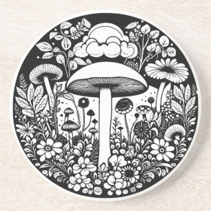 Black and White Flowers and Mushrooms Vintage Coaster