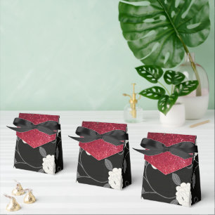 Black and White Flowers and Red Glitter Favour Box