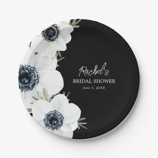 Black and White Flowers Bridal Shower Paper Plate (Front)