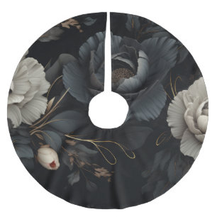 Black and White Flowers Brushed Polyester Tree Skirt