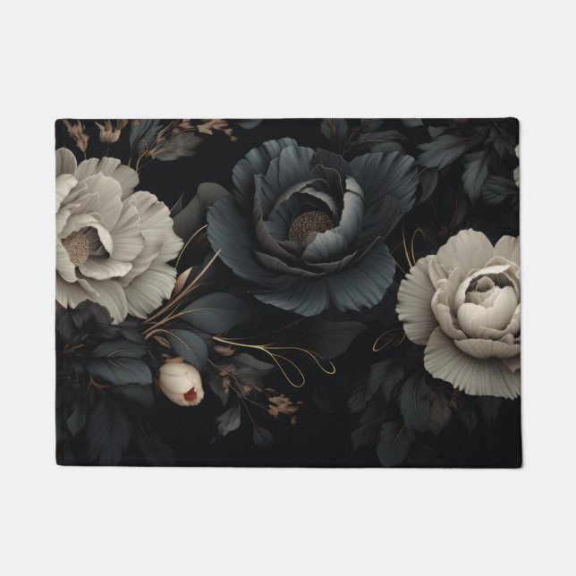 Black and White Flowers Doormat (Front)