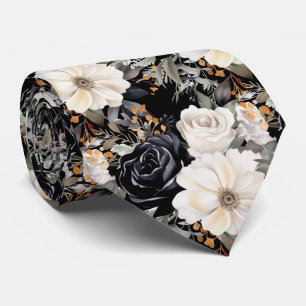 Black and White Flowers Floral Neck Tie