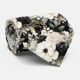 Black and White Flowers Floral Neck Tie