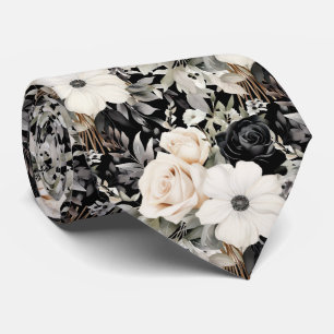 Black and White Flowers Floral Neck Tie