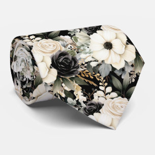 Black and White Flowers Floral Neck Tie