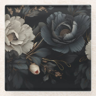 Black and White Flowers Glass Coaster