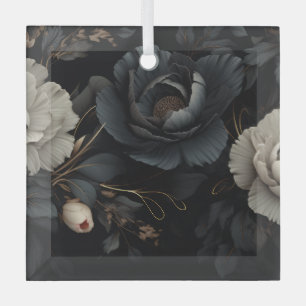 Black and White Flowers Glass Tree Decoration