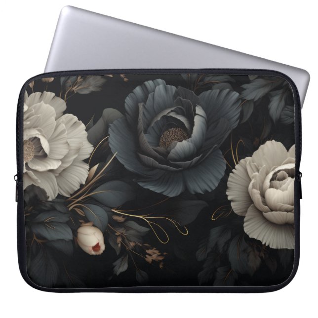 Black and White Flowers Laptop Sleeve (Front)