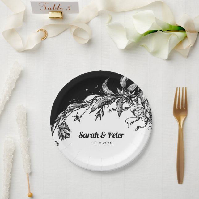 Black and white flowers modern typography wedding paper plate (Wedding)