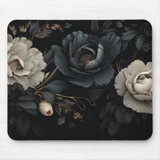 Black and White Flowers Mouse Mat (Front)