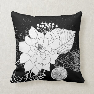 Black And White Flowers On A Black Background Cushion
