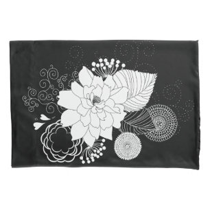 Black And White Flowers On A Black Background Pillowcase
