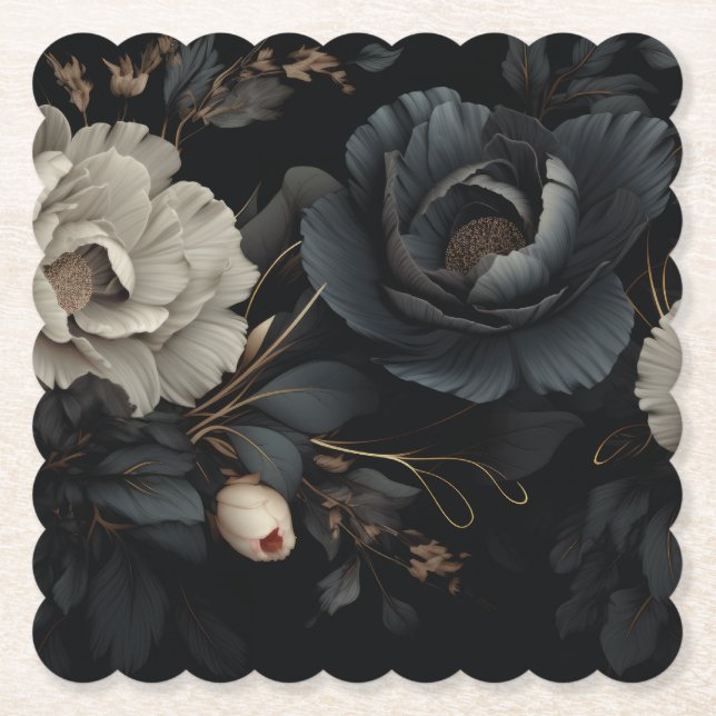 Black and White Flowers Paper Coaster (Front)