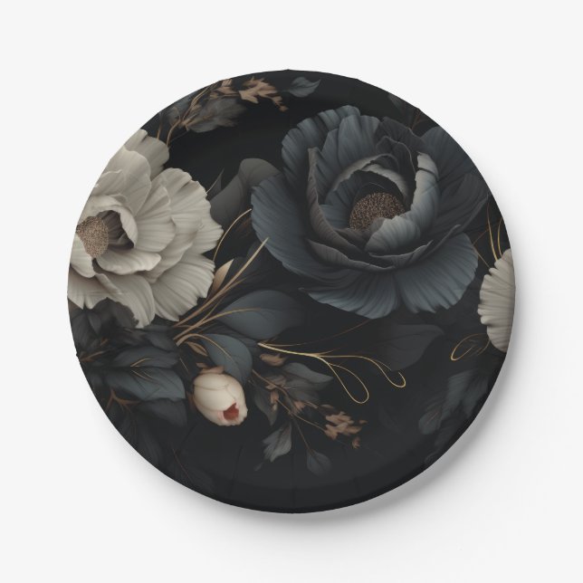 Black and White Flowers Paper Plate (Front)