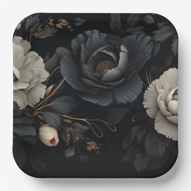 Black and White Flowers Paper Plate (Front)