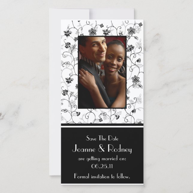 Black and White Flowers Photo Save The Date (Front)