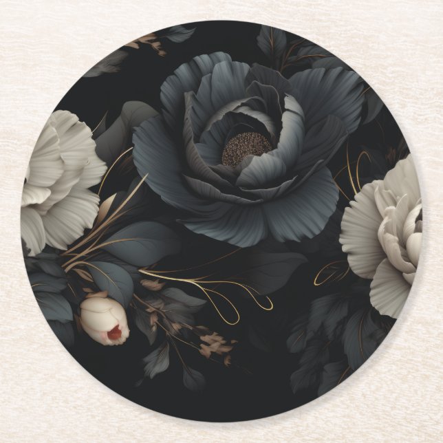 Black and White Flowers Round Paper Coaster (Front)