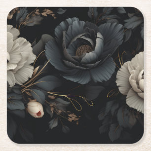 Black and White Flowers Square Paper Coaster
