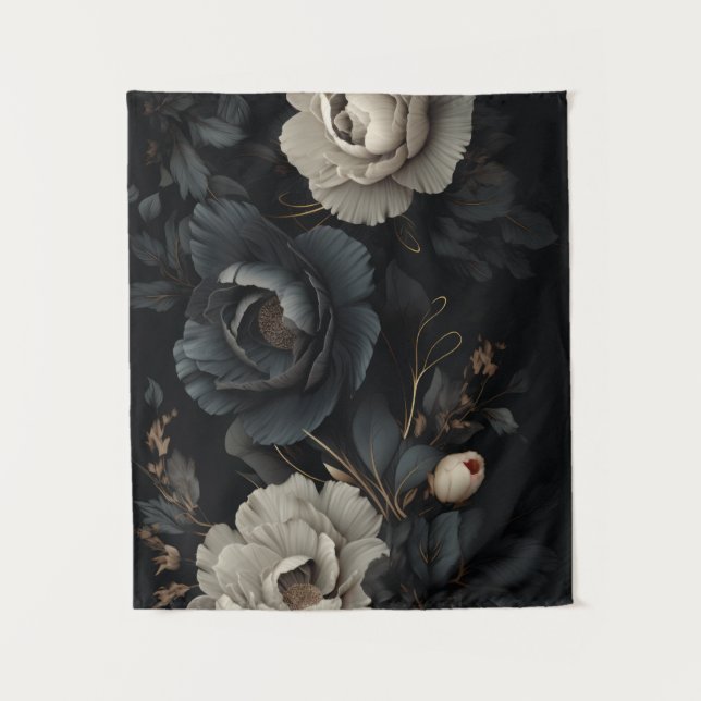 Black and White Flowers Tapestry (Front)