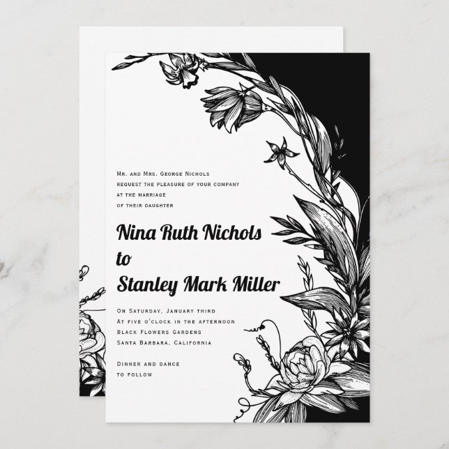 Black and white flowers typography floral wedding invitation (Front/Back)