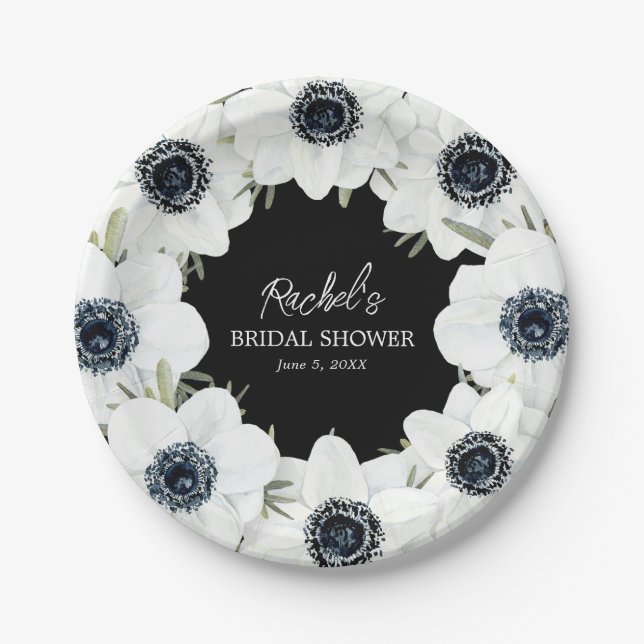 Black and White Flowers Wedding Paper Plate (Front)
