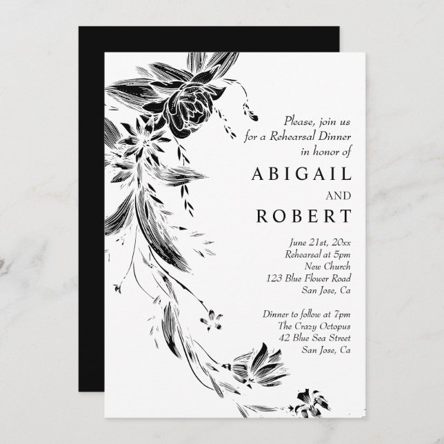 Black and white flowers wedding Rehearsal Dinner Invitation (Front/Back)