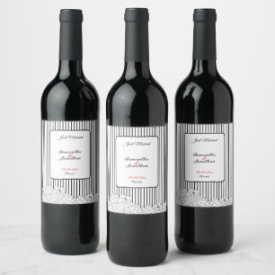 Black and White Flowers with Stripes Wine Label