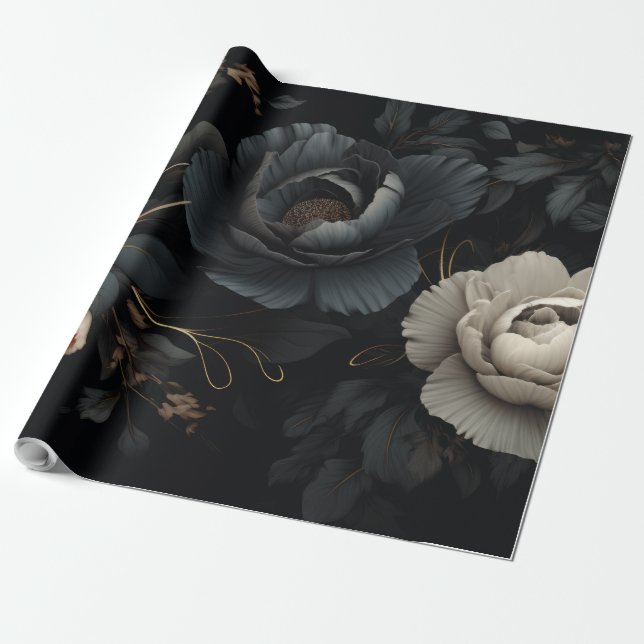 Black and White Flowers Wrapping Paper (Unrolled)